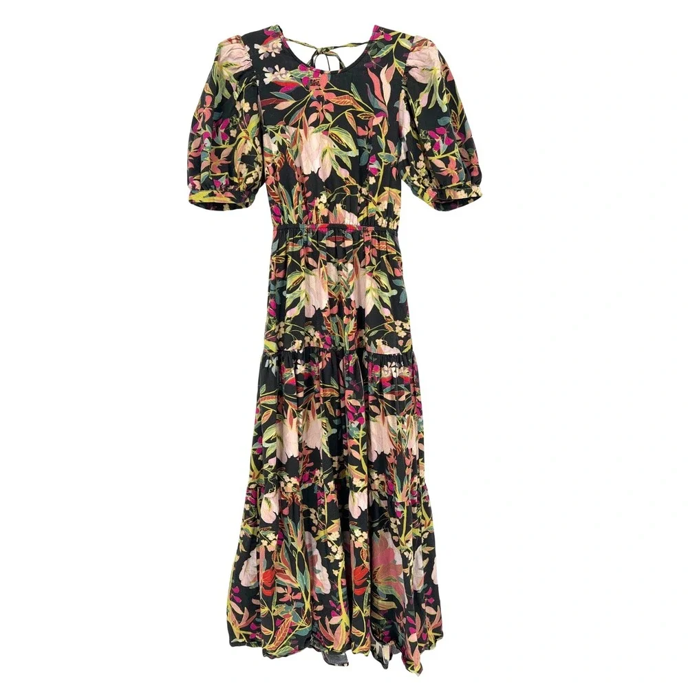 Anthropologie XS Conditions Apply Floral Cotton Open Back Tiered Midi Dress Boho
